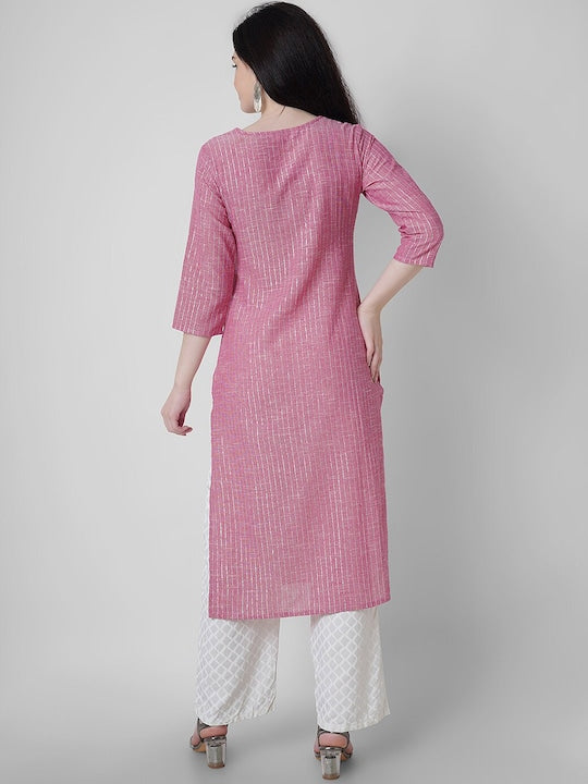 SQ SANGANERI KURTI Women A-Line Kurta Striped Thread Work Pure Cotton Straight Kurta