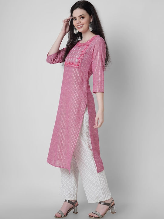 SQ SANGANERI KURTI Women A-Line Kurta Striped Thread Work Pure Cotton Straight Kurta