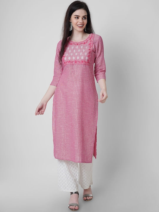 SQ SANGANERI KURTI Women A-Line Kurta Striped Thread Work Pure Cotton Straight Kurta