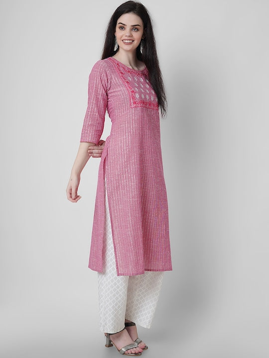 SQ SANGANERI KURTI Women A-Line Kurta Striped Thread Work Pure Cotton Straight Kurta