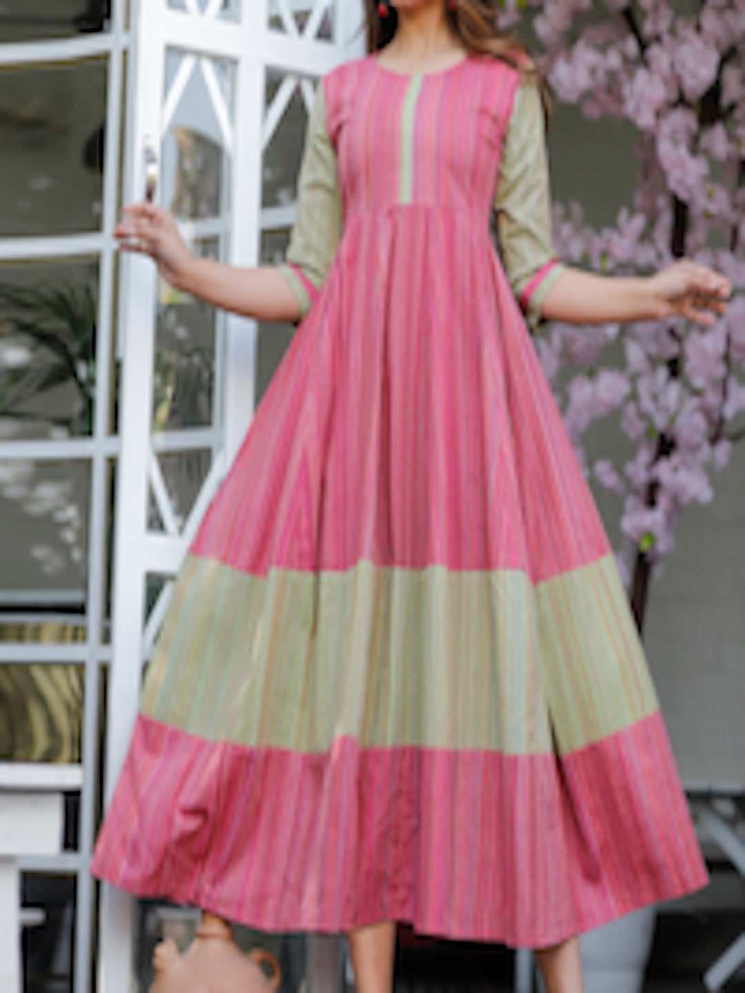 SQ Sanganeri Kurti- Women Anarkali Latest Design Colourblocked Dress