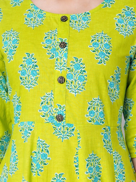 SANGANERI KURT Women Green Floral Printed Patchwork Latest Jaipur Anarkali Kurta