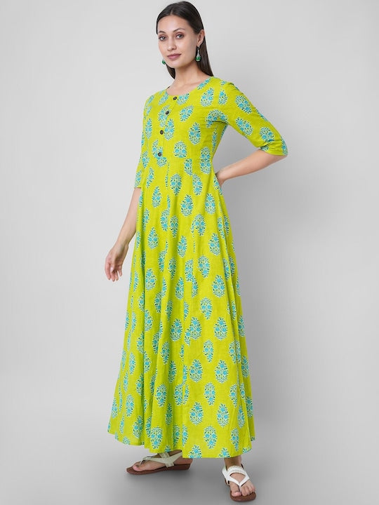 SANGANERI KURT Women Green Floral Printed Patchwork Latest Jaipur Anarkali Kurta