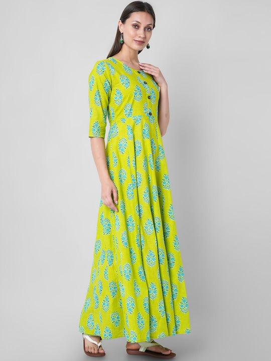 SANGANERI KURT Women Green Floral Printed Patchwork Latest Jaipur Anarkali Kurta