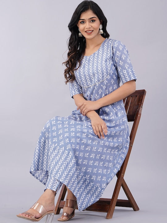 Sanganeri Kurti Floral Printed Gotta Patti Kurta With Trousers
