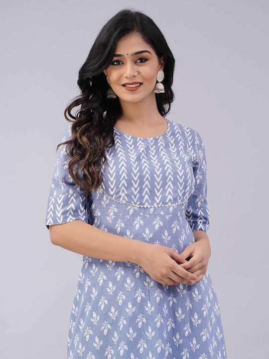Sanganeri Kurti Floral Printed Gotta Patti Kurta With Trousers