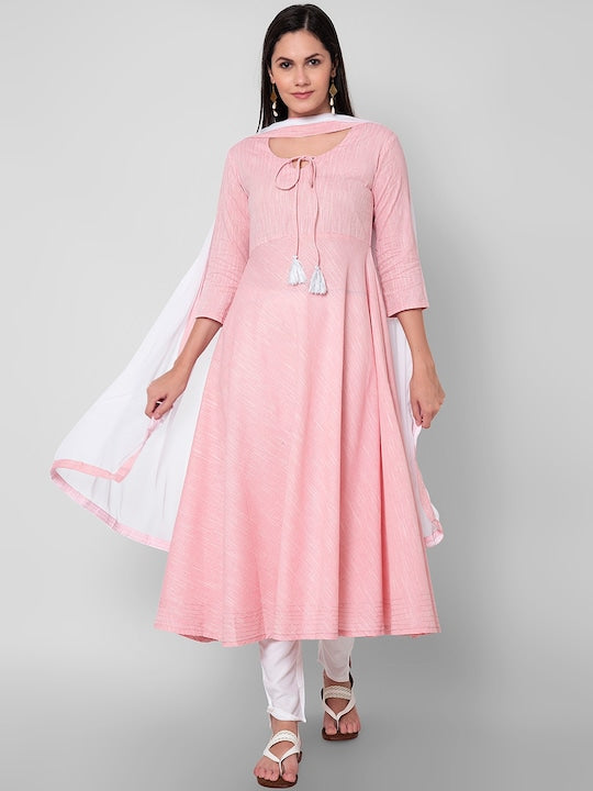 SQ SANGANERI KURTI  Women Pink & White Pure Cotton Kurta with Trousers & Dupatta