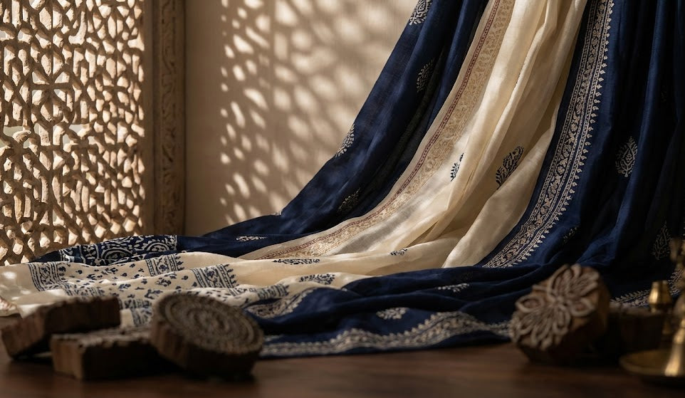 Blue and white embroidered fabric draped over a textured wall with decorative elements.