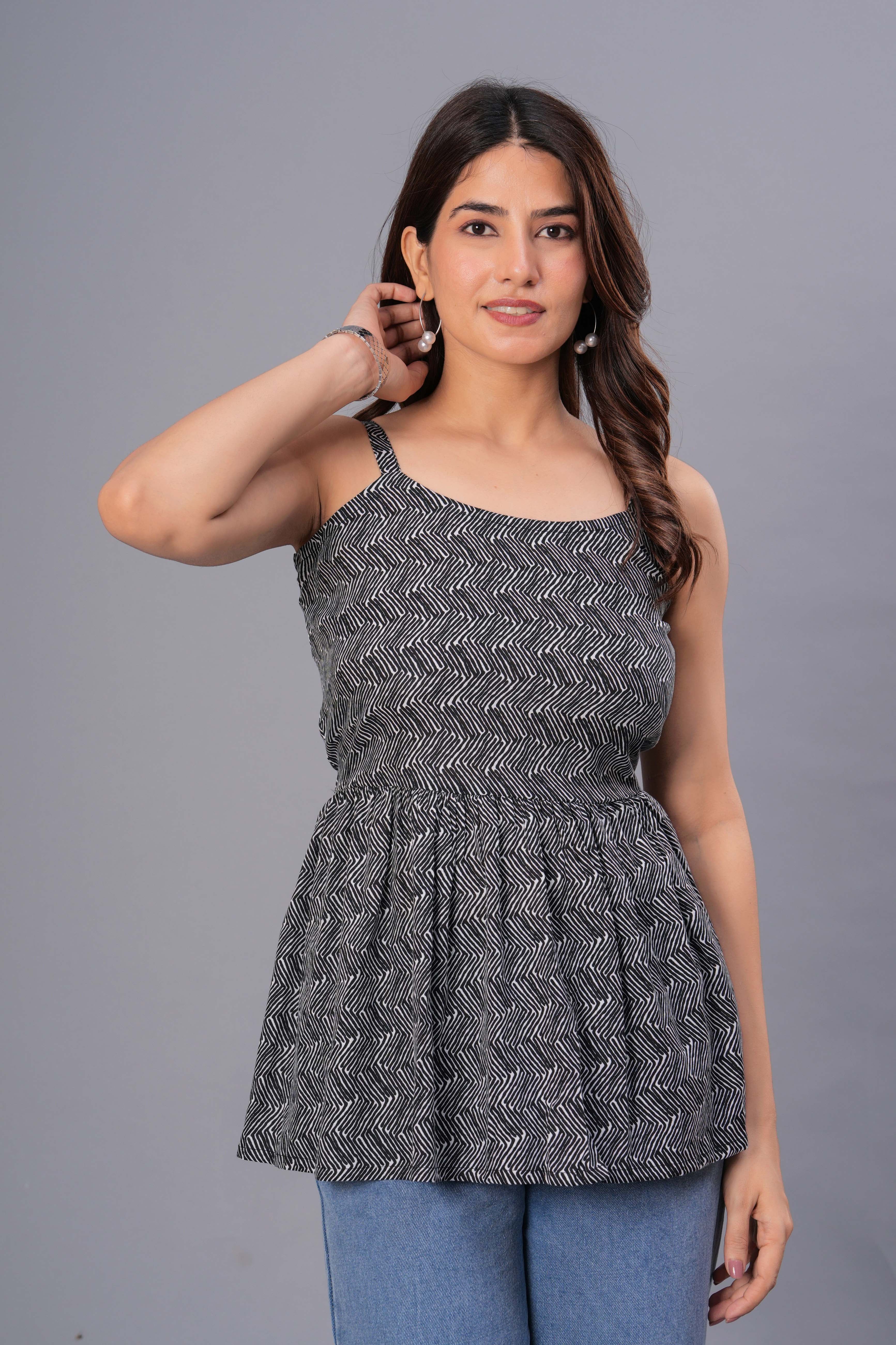 Black Chevron Printed Rayon Sleeveless Top