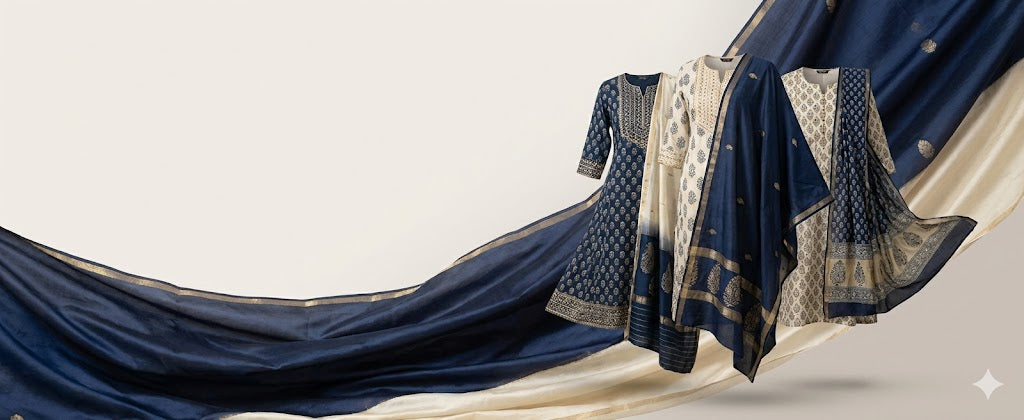 Navy and beige traditional outfit with intricate patterns on a neutral background