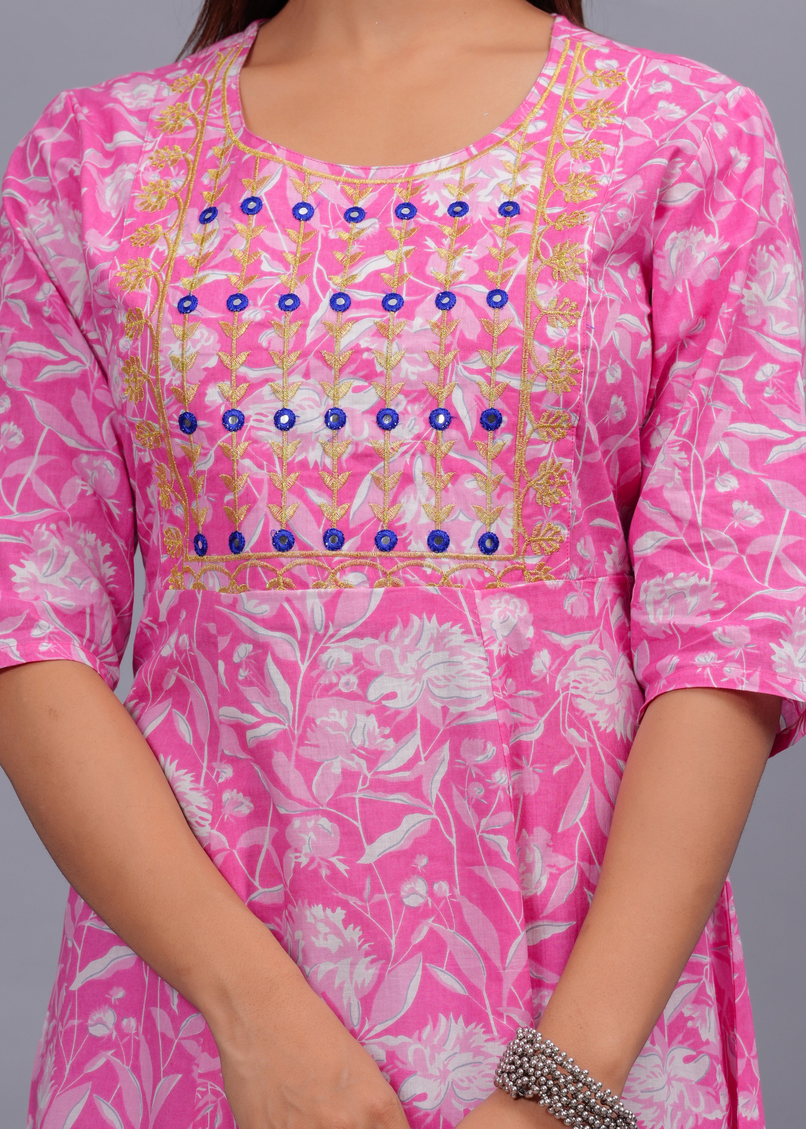 Pink Bloom Flared Embroidered Neck Kurti