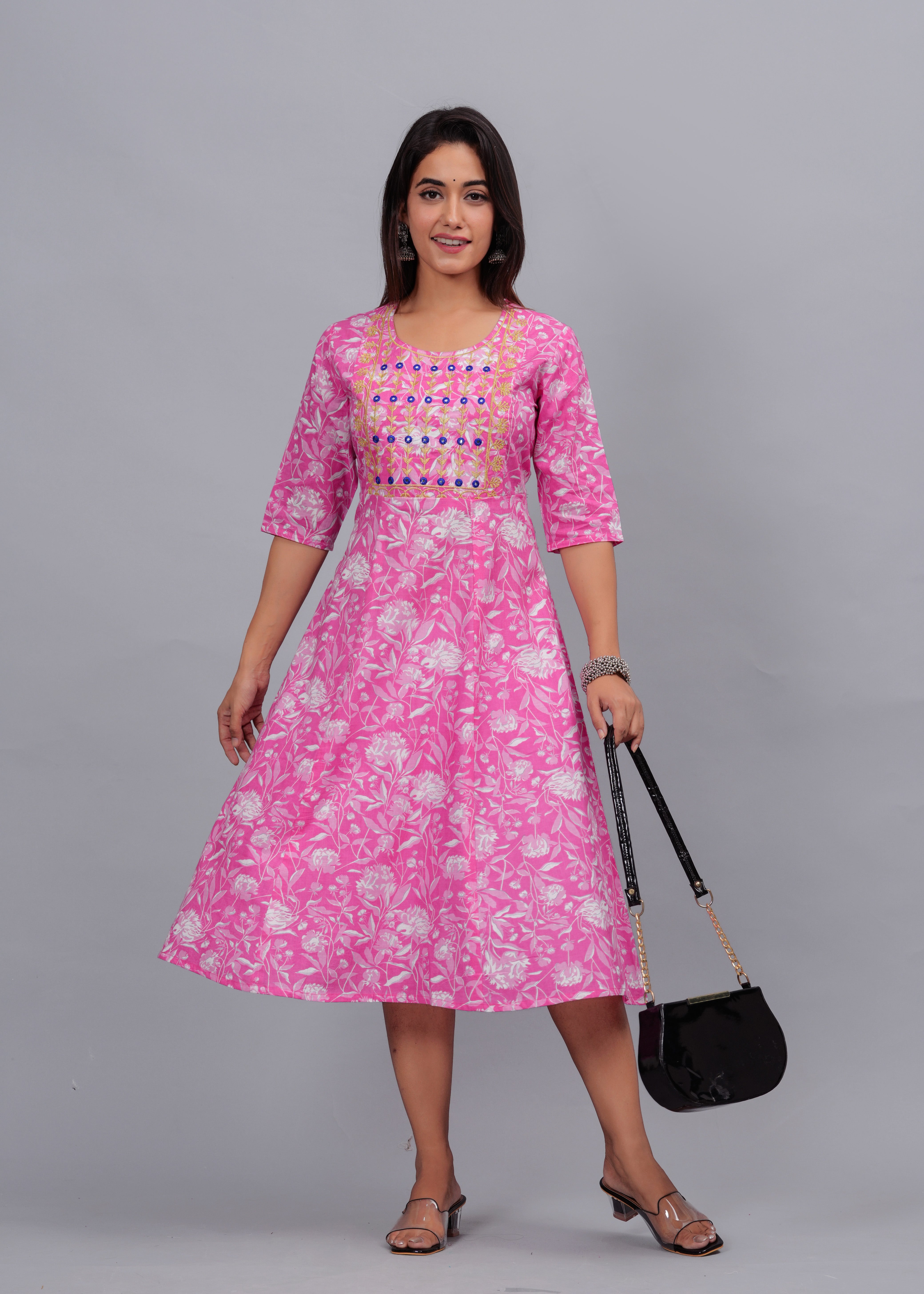 Pink Bloom Flared Embroidered Neck Kurti