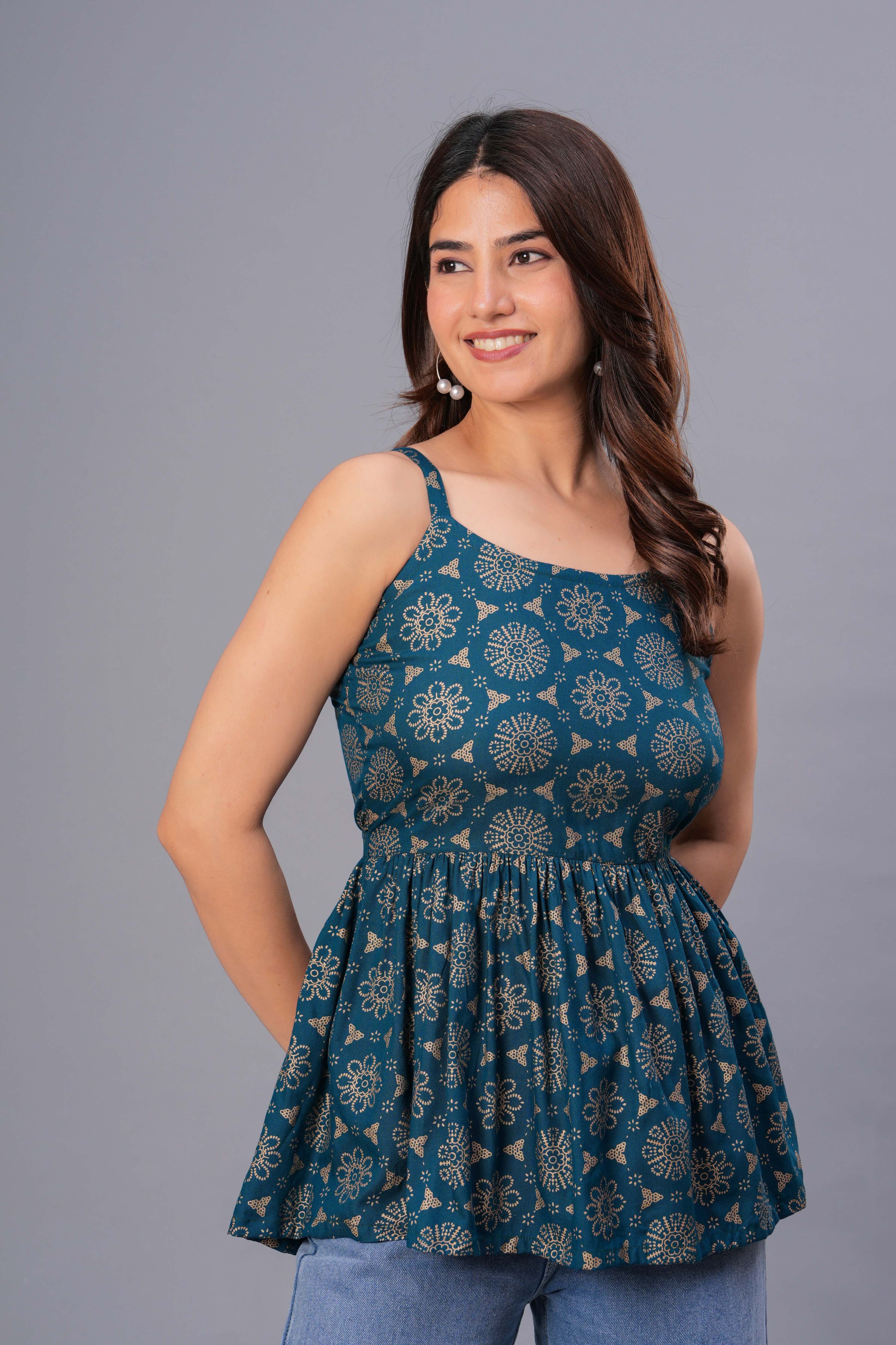 Royal Teal Heritage Print Rayon Top