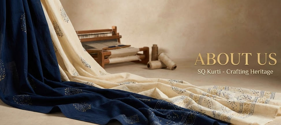 Textile with embroidery, traditional loom, and 'SQ Kurti - Crafting Heritage' branding.