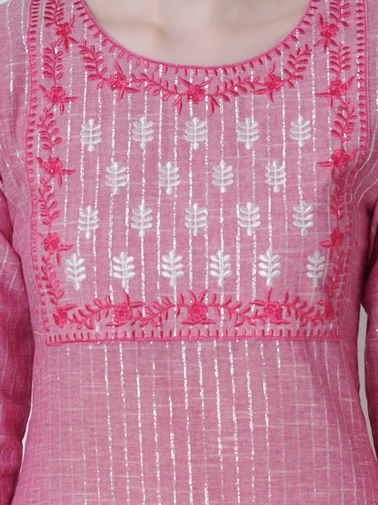 SQ SANGANERI KURTI Women A-Line Kurta Striped Thread Work Pure Cotton Straight Kurta