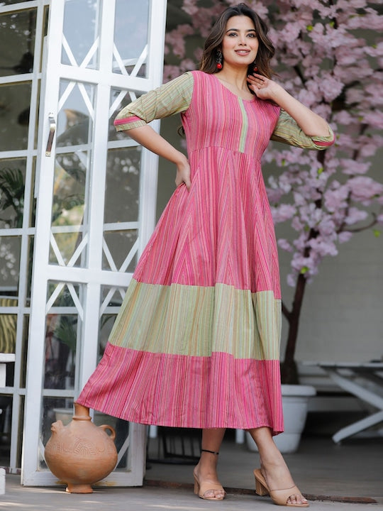 SQ Sanganeri Kurti- Women Anarkali Latest Design Colourblocked Dress