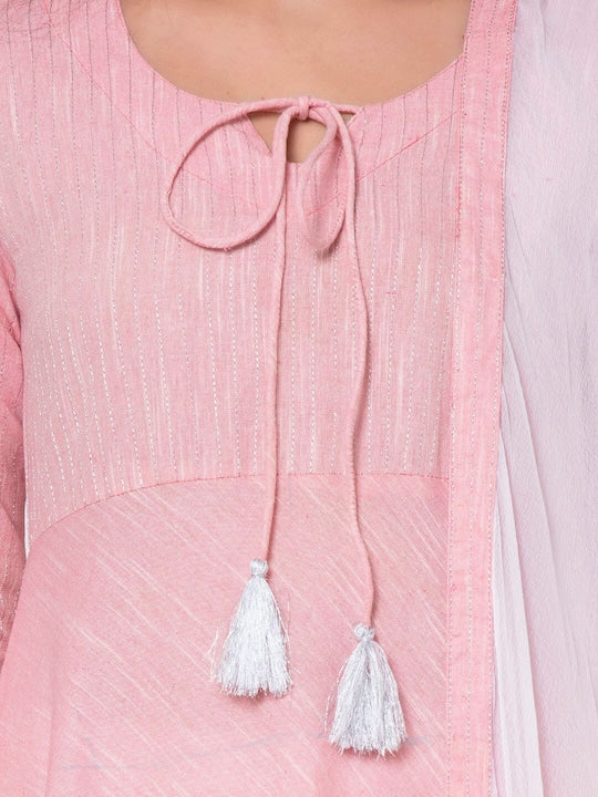 SQ SANGANERI KURTI  Women Pink & White Pure Cotton Kurta with Trousers & Dupatta