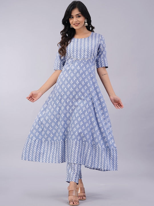 Sanganeri Kurti Floral Printed Gotta Patti Kurta With Trousers