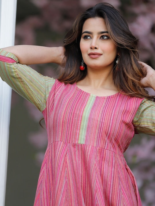 SQ Sanganeri Kurti- Women Anarkali Latest Design Colourblocked Dress