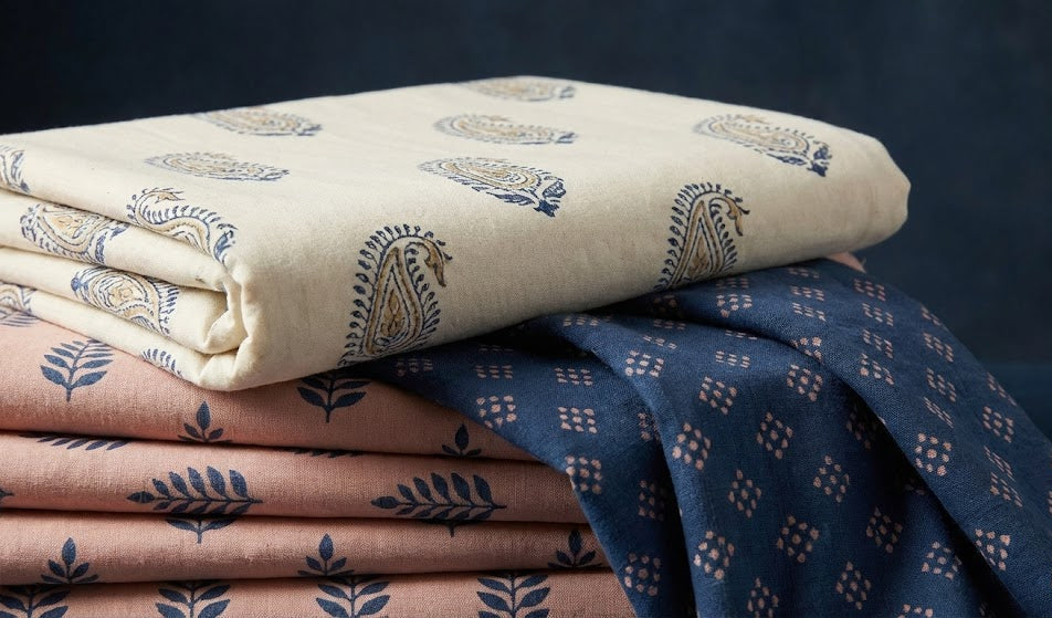 Stack of patterned fabrics in beige, pink, and blue on a dark background